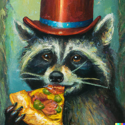 A raccoon wearing a top hat and holding a pizza slice. Luca sometimes uses this image as their online profile picture.